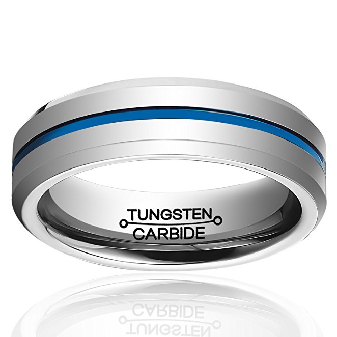 HSG Fashion Tungsten Carbide Ring 6mm High Polished Inlay Blue Line Mens Wedding Band