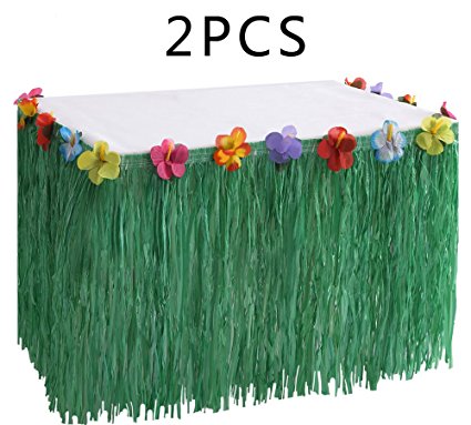 Hawaiian Luau Grass Table Skirt Decorations Hula - Hibiscus Tropical Pool Birthday Party Supplies (2 PCS)