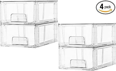 4 Pack Stackable Storage Drawers,Clear Acrylic Drawer Organizers with Handles, Easily Assemble for Fridge, Bathroom,Kitchen Undersink,Cabinet,Pantry organization and Storage