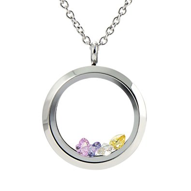 EVERLEAD Living Memory Floating Round Locket Pendant Necklace 316L Stainless Steel Toughened Glass Free Chain and Zircon