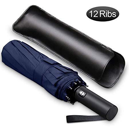 Bodyguard 12 Ribs Windproof Travel Umbrella with Teflon Canopy, Lengthened Handle with Auto Open Close Button, Compact Protection from Rain, Free Upscale Leather Cover