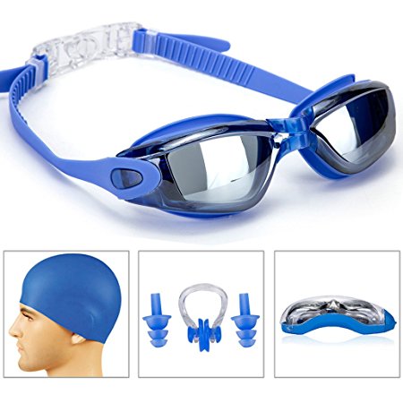 GAOGE Swim Goggles , Swimming Goggles   Swim Cap   Case   Nose Clip   Ear Plugs,Swim Goggles No Leaking Anti Fog UV Protection for Adult Men Women Youth Kids Child Blue