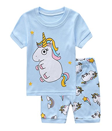 Fiream Girls Cotton Short Sleeves Pajamas Sets 2 Piece Cartoon Toddler Sleepwears