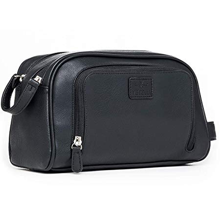Vetelli Gio Leather Toiletry Bag for Men - Dopp Kit - Handmade for Travelling Vacations and Adventures (Black)