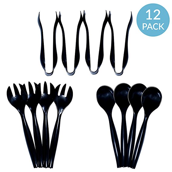Disposable Plastic Serving Utensils Black - Set of 12 - Four 10" Spoons, Four 10" Forks, and Four 6" Tongs by Upper Midland Products