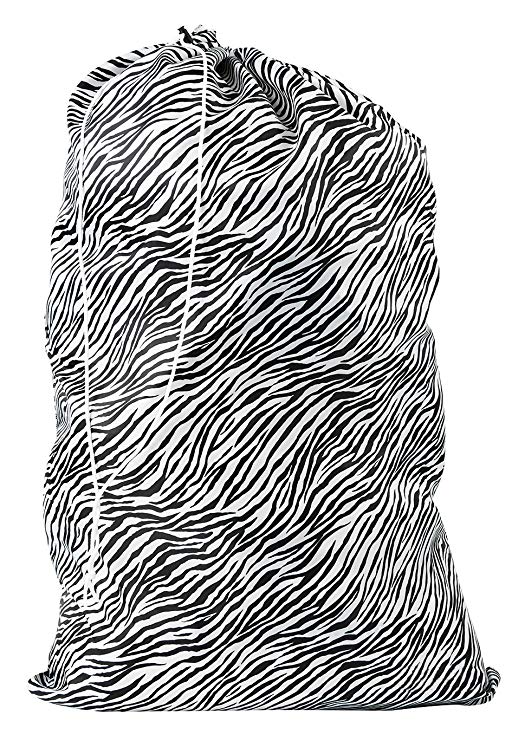 Nylon Laundry Bag - Locking Drawstring Closure and Machine Washable. These Large Bags Will Fit a Laundry Basket or Hamper and Strong Enough to Carry up to Three Loads of Clothes. (Zebra)