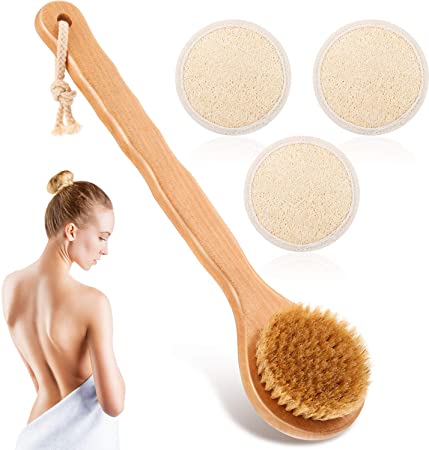 4 Pieces Wood Body Brush Wooden Back Scrubber Bath Shower Brush with Long Handle Dry Skin Exfoliating Brush and Exfoliating Loofah Pad Loofah Sponge Body Scrubber for Men Women Shower Spa