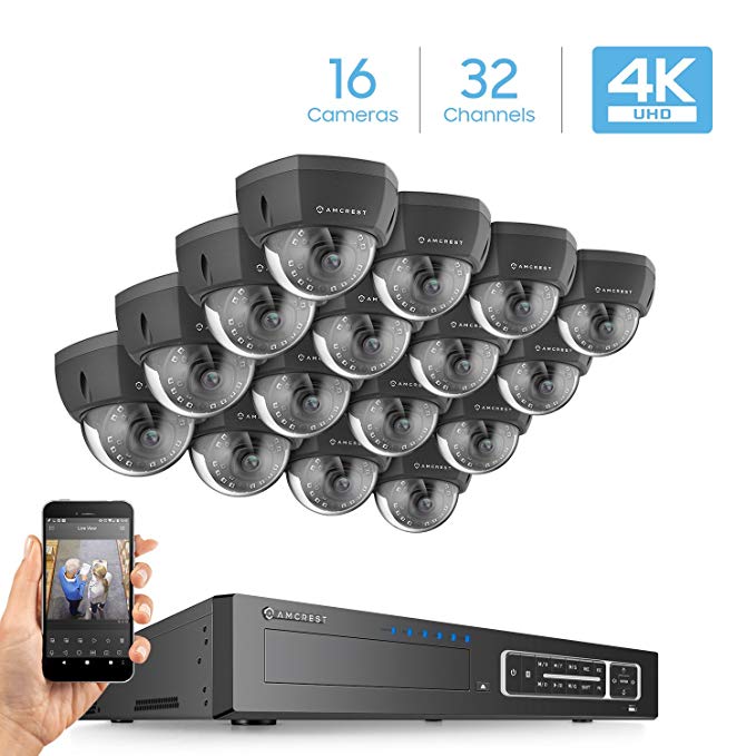 Amcrest 4K 32CH Security Camera System w/ 4K NVR, (16) x 4K IP67 Weatherproof Metal Dome POE IP Cameras (3840x2160), 2.8mm Angle Lens, HDD Not Included, 98ft Nightvision (Black)