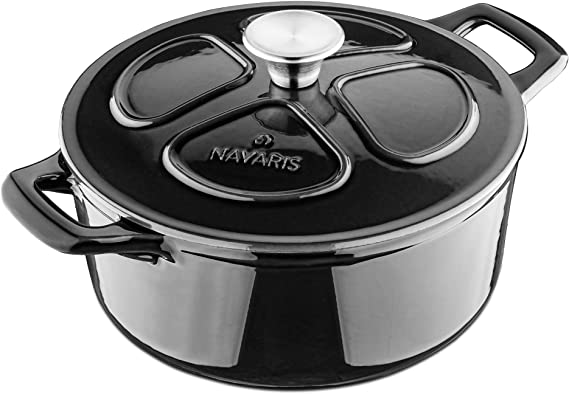 Navaris Enameled Dutch Oven - 3.7 QT Cast Iron Pot with Lid - 9 1/2" Round Enamel Cookware - Induction Cooktop Safe - Glossy Black