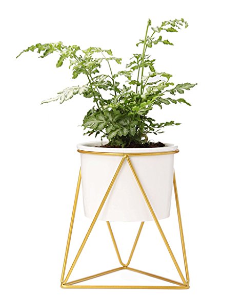 Mkono Ceramic Planter with Metal Stand Tabletop Succulent Pot Modern Plant Holder