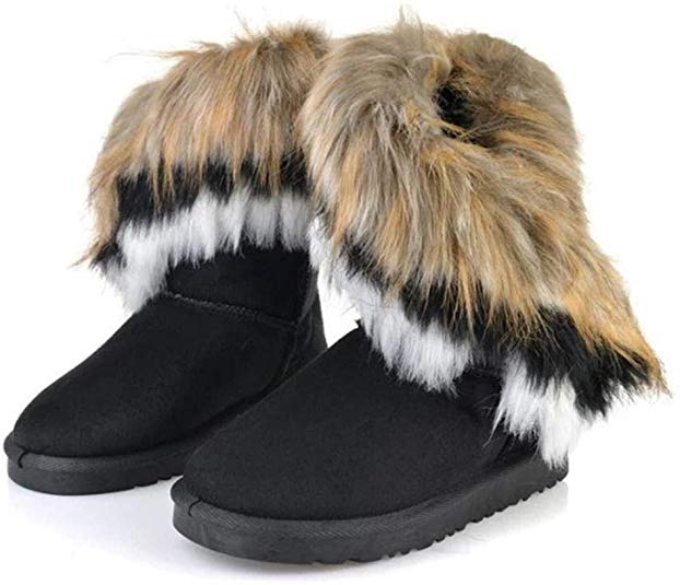 Zronji 1 Pair Women Winter Casual Ankle Slip On Solid Flat Faux Fox Fur Snow Boots