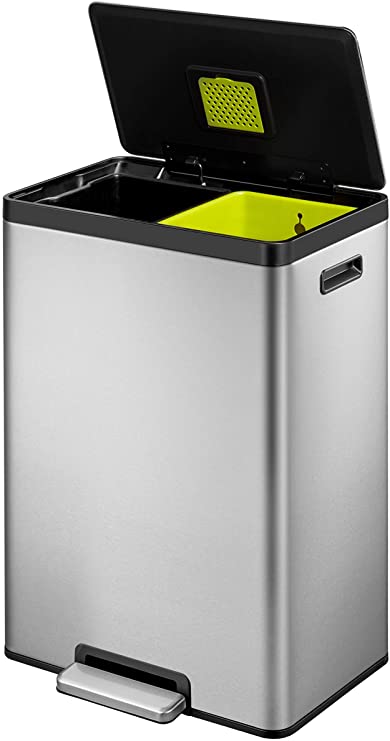 EKO EcoCasa II Dual Compartment Rectangular Kitchen Step Trash Can Recycler, 20L 20L, Brushed Stainless Steel Finish
