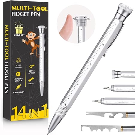 Multitool Fidget Pen, Birthday Gifts for Men Dad, Cool Gadgets Tools Gifts for Boyfriend Husband, Stress Relief Ballpoint Pen for Office Construction Funny-Silver