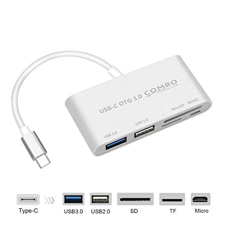 USB-C OTG Hub Adapter, USB-C to USB 3.0 USB 2.0 TF/SD/MicroSD Card Reader Micro USB Power Charging Port - LUCKYDIY Premium Aluminum Adapter Connector Cable for Macbook Pro/ChromeBook/More Type-C Devices (Silver)
