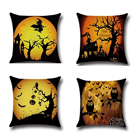 BPFY 4Pack Happy Halloween Bat Pumpkin Cushion Covers Cotton Linen Sofa Home Decor Throw Pillow Case Halloween Pillow Covers 18x18 Inch