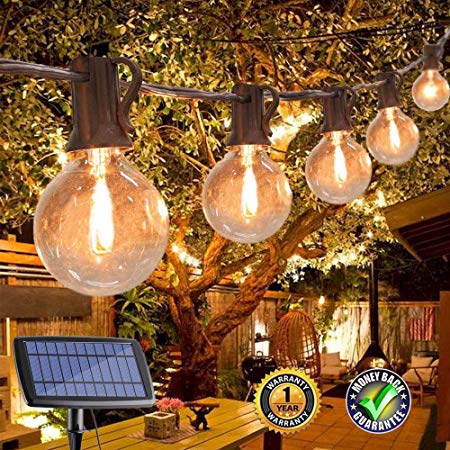 Upook 25FT G40 Solar String Lights with 25 Clear LED Bulbs, Outdoor Patio String Lights, Warm White Ambience, Indoor & Outdoor Decor for Patio Garden Backyard Bistro Pergola Tents Gazebo