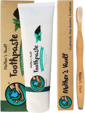 Mother's Vault's All Natural Peppermint Charcoal Toothpaste   Free Eco-friendly Bamboo Toothbrush and Burlap Travel Case