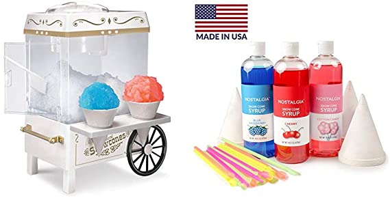 Nostalgia SCM525WH Vintage Countertop Snow Cone Maker with Snow Cone Syrup Party Kit