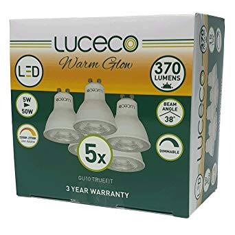 GU10 LED Lamps WarmGlow Dimmable 5w - 370 Lumen Warm White Spot Light Bulbs Dim2Warm Energy Saving - 50 Watt Halogen Replacement Spotlight for Light Switches, LED Dimmers, by luceco BG - Pack of 5