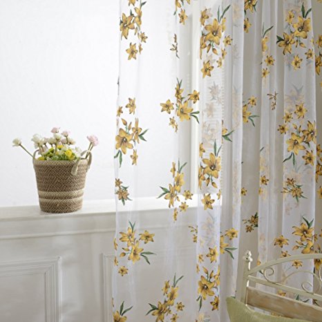 Norbi Fresh Floral Print Tulle Voile Door Window Rom Curtain Drape Panel Sheer Scarf Valances (Yellow)