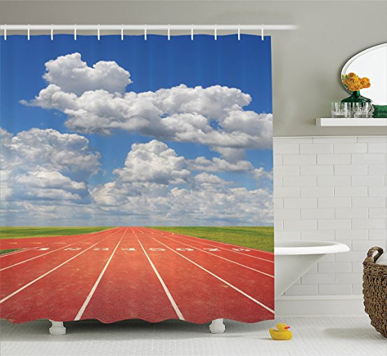 Ambesonne Olympics Decorations Collection, Sports Competition Running Track on a Sunny Day Lawn Grass Field Cloudy Sky, Polyester Fabric Bathroom Shower Curtain Set with Hooks, Blue White Coral