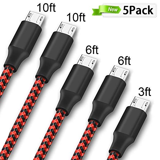 ONSON Micro USB Cable,5Pack 3FT/6FT/6FT/10FT/10FT Long Premium Nylon Braided Android Charger USB to Micro USB Charging Cable Samsung Charger Cord for Samsung Galaxy S7 Edge/S7/S6/S4/S3,Note 5/4/3-Red