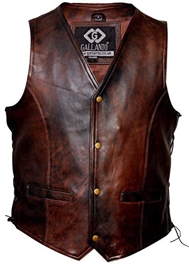 Gallanto Vintage Brown Side Lace Mens Motorcycle Leather Waistcoat Vest - Leather Vest Men