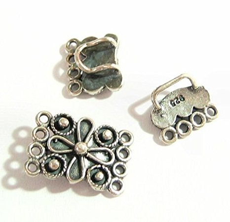 1 set .925 Sterling Silver 4-strand Flower Hook Eye Clasp Toggle 15mm / Connector / Findings / Antique