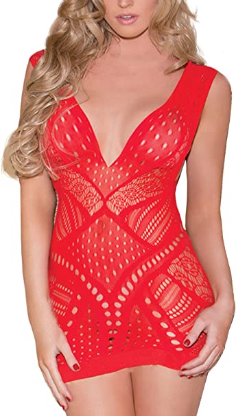 FasiCat Sexy Lingerie for Women Fishnet Halter Chemise Deep V Hot Mesh Mini Dress Bodysuit