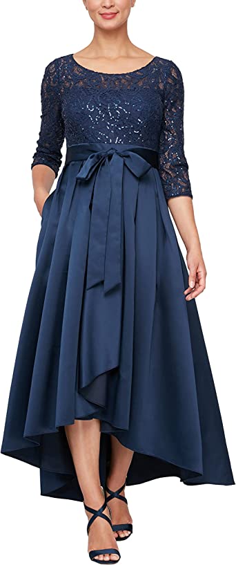 Alex Evenings Women's Satin Ballgown Dress with Pockets (Petite and Regular Sizes)