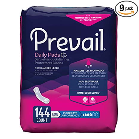 Prevail Moderate Absorbency Incontinence Bladder Control Pads for Women, Long, 16 Count (Pack of 9)