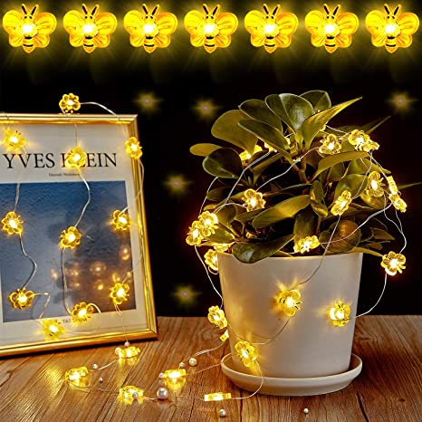 50 LED 16.5 Ft Honey Bee Fairy Lights 8 Modes Honey Bee Decorative String Lights Flexible Wire Battery Operated Fall Decorations Light String with Remote Control for Autumn, Wedding, Birthday Party