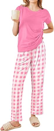 Ekouaer Women's Pajamas 2 Piece Pajama Sets Soft Short Sleeve Sleepwear Ladies Lounge Sets