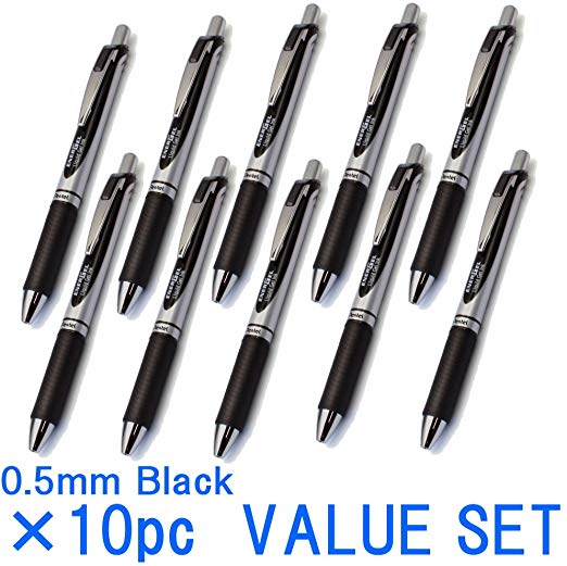Pentel EnerGel Deluxe RTX Retractable Liquid Gel Pen,0.5mm, Fine Line, Needle Tip, Black Ink / Silver Body /Value set of 10