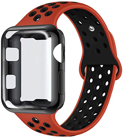 ADWLOF Compatible with Apple Watch Band with Case 38mm 40mm 42mm 44mm, Silicone Replacement Strap with Screen Protector Cover for Wristband for iWatch Series 4/3/2/1, Nike , Sport, Edition