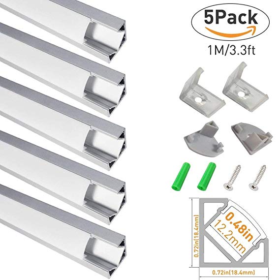 LightingWill 5-Pack V-Shape LED Aluminum Channel System 3.3ft/1M Anodized Silver Flush Corner Mount for &lt;12mm width SMD3528 5050 LED Strips with Oyster White Cover, End Caps and Mounting Clips V03S5