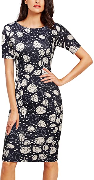 FORTRIC Women Printing Church Business Office Work Elegant Bodycon Pencil Dress