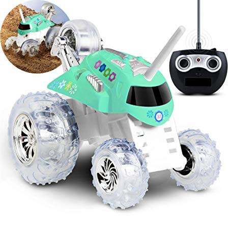 SHARPER IMAGE Twirling Tumbler Toy RC Car for Kids, Remote Control Monster Spinning Stunt Mini Truck for Girls and Boys, Racing Flips and Tricks with 5th Wheel, 49 MHz Flowers Mint Green