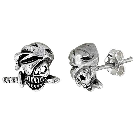 Tiny Sterling Silver Pirate Skull Stud Earrings 1/2 inch