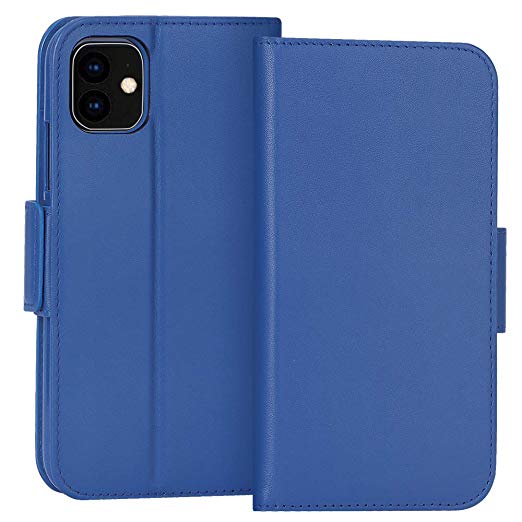 FYY Case for iPhone 11 6.1”, Luxury [Cowhide Genuine Leather][RFID Blocking] Wallet Case, Handmade Flip Folio Case Cover with [Kickstand Function] and[Card Slots] for Apple iPhone 11 6.1” Navy