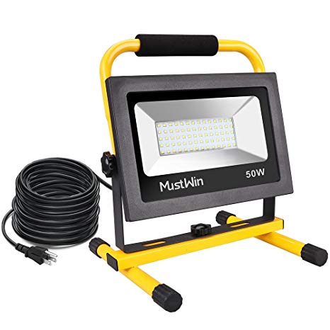 MustWin Work Light LED 50W 4000LM, 16.4ft/5M Cord with Plug Flood Light, Waterproof IP65, 400W Equivalent, Daylight White Outdoor Working Lamp with Stand for Workshop, Gardens, Garage, Basement