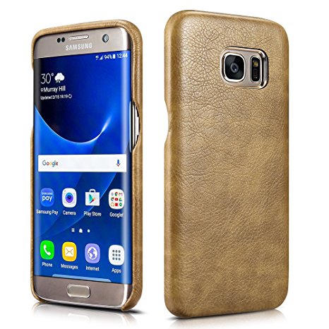 Samsung Galaxy S7 Edge Leather Case, Xoomz Premium Retro PU Leather Back Cover Vegan Leather Snap Case with Business Style Gold-plating Design for Samsung Galaxy S7 Edge 5.5 inch (Tan)