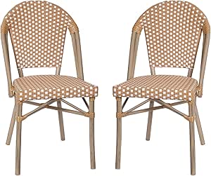 Flash Furniture Bordeaux Set of 2 Indoor/Outdoor Commercial French Bistro Stack Chairs - Black/White PE Rattan Back and Seat - Natural Bamboo Print Aluminum Frame