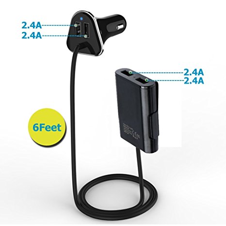 [HOT&LOT] 9.6A/48W Portable USB Car Charger Phone Adapter 4USB*2.4A with 6Feet Cord Front Seats 2USB Travel Charger Back Seats Dual USB Hub for Iphone Ipad Samsung Galaxy Android Phone and Tablet