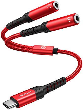 USB-C to 3.5mm Headphone Jack Adapter Y Splitter, JSAUX Type-C to Dual 3.5mm Aux Audio Adapter Compatible with Huawei P40 P30 P20 Mate 20 10, Pixel 4 3 2 XL, Samsung Galaxy Note 20 10 S20 S10 -Red