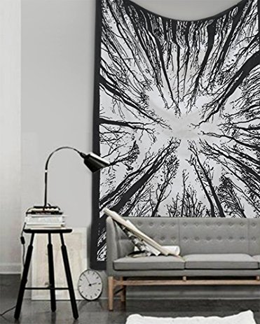 Popular Locust Trees From Below Intricate Floral Design Indian Bedspread Black & White Urban Tapestry, 54" x 82" (140cm x 15cm)