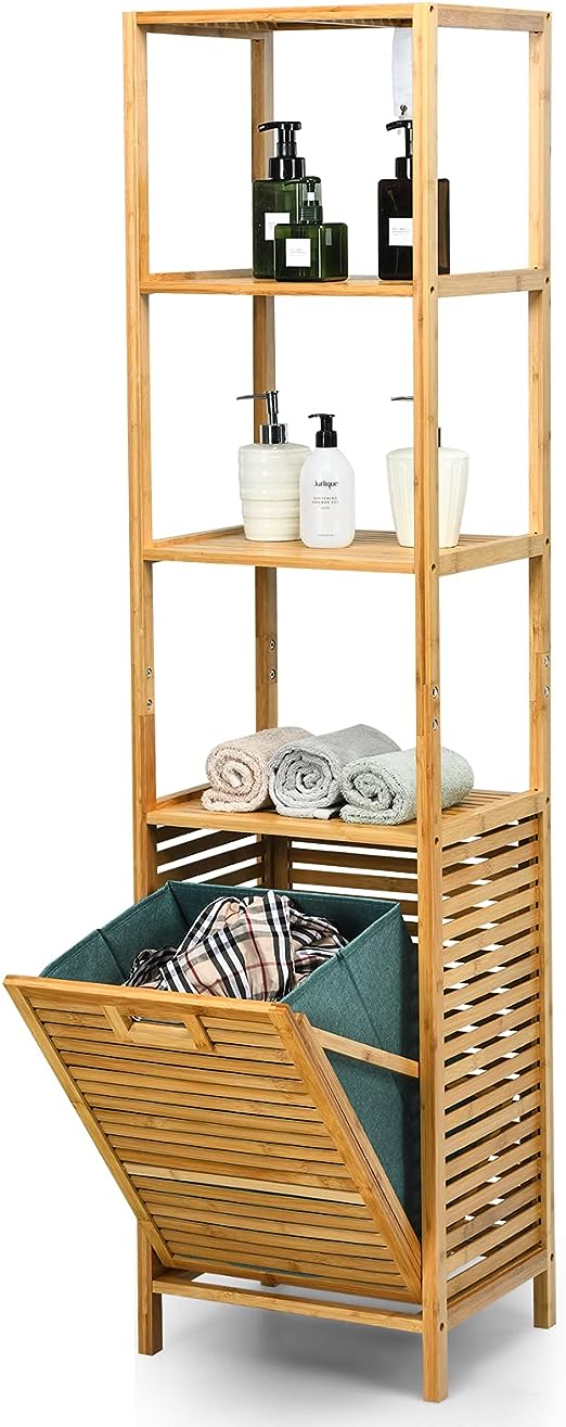 COSTWAY Bamboo Laundry Basket, Bathroom Shelf Laundry Hamper with Removable Pull-Out Bag and Storage Shelf, Floor Washing Dirty Clothes Basket Laundry Organiser Unit, 40x33x95/160cm (3-Tier Shelves)