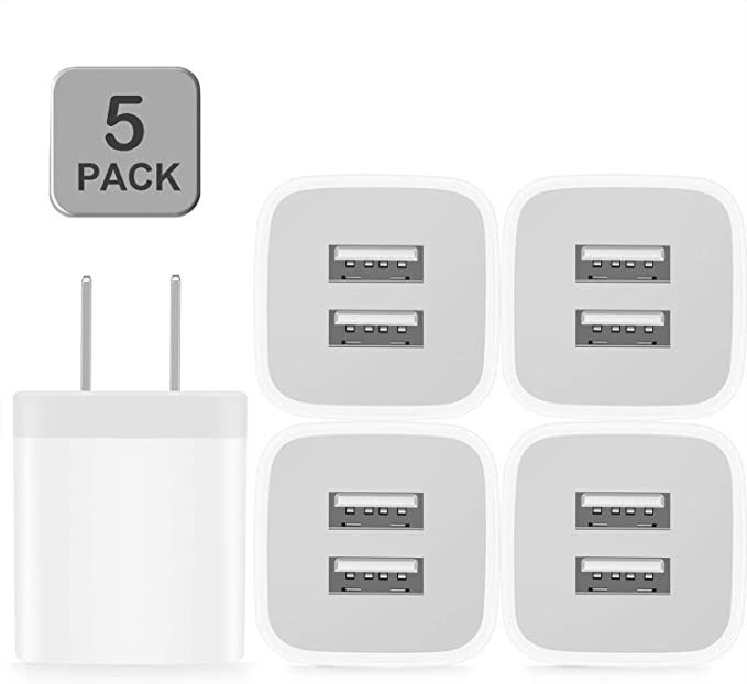 Power-7 USB Wall Charger, 5-Pack 2.1A/5V Dual Port USB Cube Power Adapter Charger Plug Charging Block Compatible with iPhone 11/Xs Max/XR/X/8/8 Plus/7/6S/6 Plus, Samsung, LG, Moto, Android Cell Phones