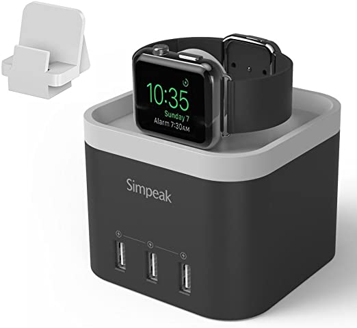 Simpeak 4 Port USB Charger Station Dock for Apple Watch 6 SE 5 4 3 2 1 [Nightstand Mode], Multiple Port Desktop Charging Station Compatible with iWatch Phone Tablet, with Phone Charger Holder, Black