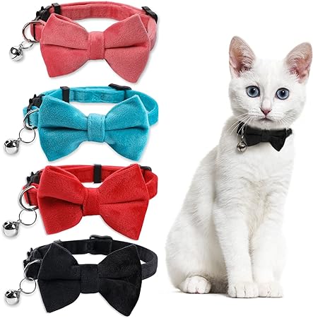 Sliverdew 4 Pcs Velvet Cat Collars Cute Cat Bow Tie Collar with Bell Breakaway Cat Collar Detachable Bowtie Safety Pet Collar for Small Puppy Kitten (Black, Red, Blue, Pink)